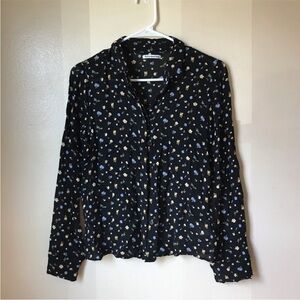 Reformation Black Blouse with Blue and Yellow Floral Pattern